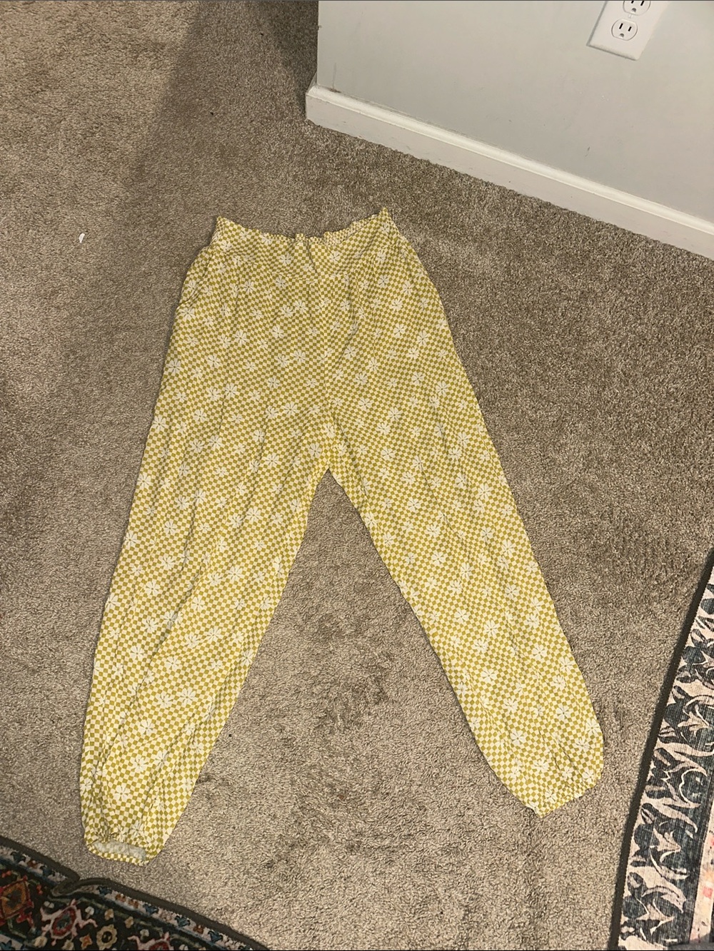 Yellow Floral Check Drawstring Pants